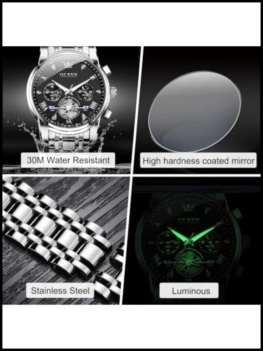 Mens Stainless Steel Chronograph Watch Diamond Roman Numeral Quartz Dress